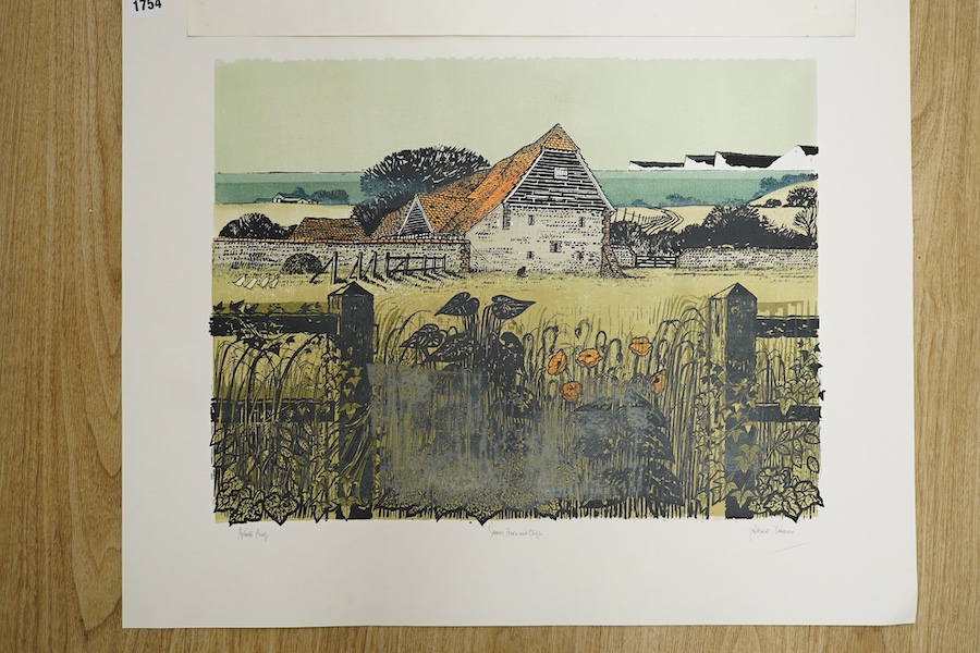 Robert Tavener (1920-2004), two artist proof prints, ‘Sussex barn and cliffs’ and ‘Winter Paddock’, each signed in pencil, largest 56 x 68cm, unframed